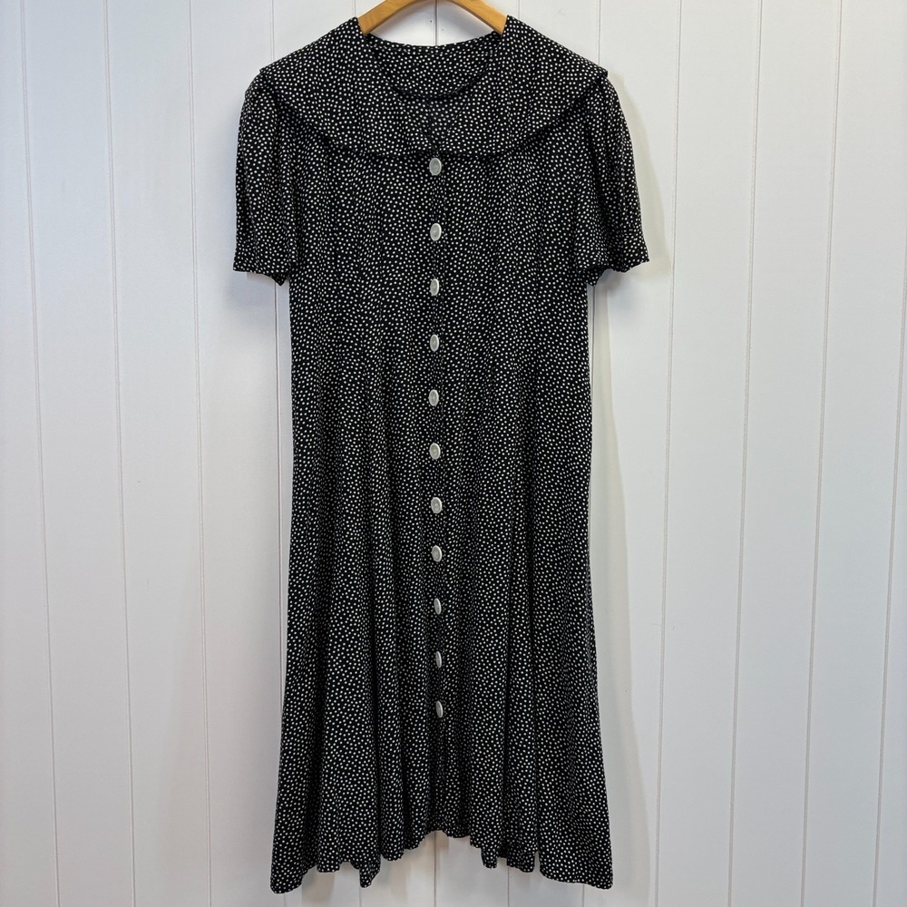 Vintage Women Cottage Polka Dot Trad Wife Midi Dress Size M/L Prairie Retro Chic
